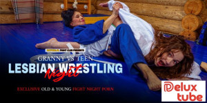 Granny VS Teen! Old and young lesbian wrestling sex!