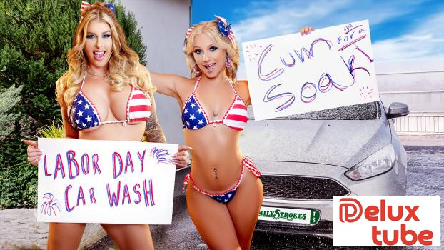 [ Family Strokes ] Car Wash Duo Shake Tits and Score Big